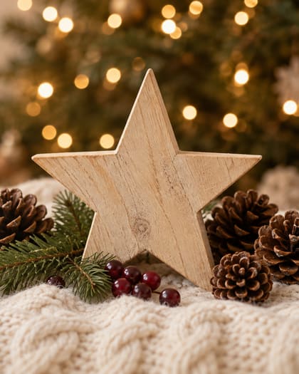 Stella di legno e pigne su una coperta di lana, con le luci dell'albero sullo sfondo