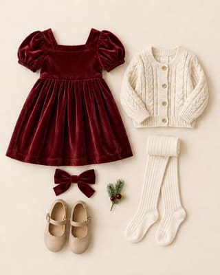 Abiti consigliati per la bambina: vestitino in velluto bordeaux, cardigan panna, calzamaglia crema, fiocco per capelli