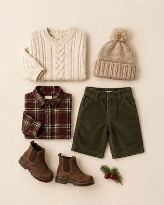 Abiti consigliati per il bambino: maglioncino a trecce panna, camicia tartan, pantaloni in velluto verde oliva, berretto di lana