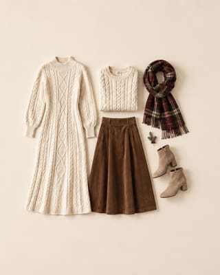 Abiti consigliati per la donna: abito lungo in maglia panna, maglione a trecce, gonna marrone, sciarpa tartan, stivaletti beige