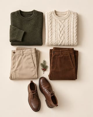Abiti consigliati per l'uomo: maglioni verde oliva e panna, pantaloni beige e marroni, stivaletti in pelle