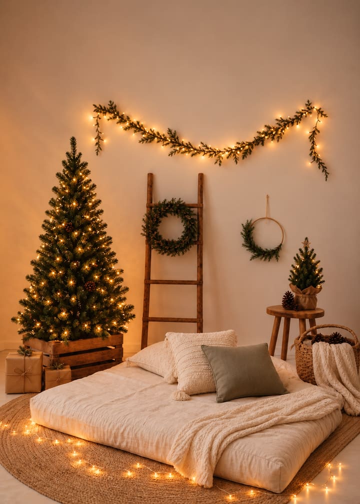 Il set delle Mini Sessioni Natalizie 2026: albero di Natale illuminato, ghirlanda di lucine, scala in legno con corona, materasso con cuscini color panna e verde oliva